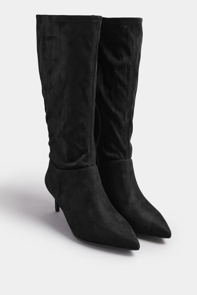 Yours Zwarte Laarzen Met Puntige Neus En Kittenhak In Extra Brede Eeepasvormsize 40EEE