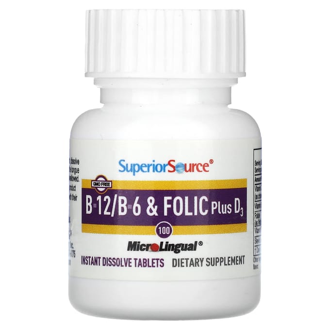 B-12, B-6 en Foliumzuur, D3 Plus, Direct Oplosbaar Microlinguaal 100 Tabletten