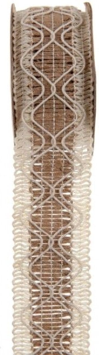 Decoratief jute lint 40mm breed met wit versiersel, rol 3 meter