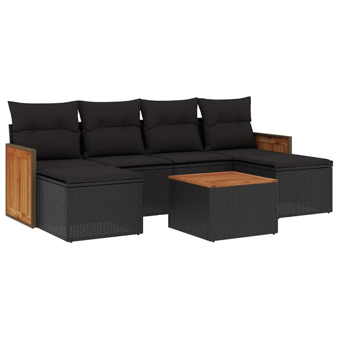 vidaXL - 7-delige - Loungeset - met - kussens - poly - rattan - zwart