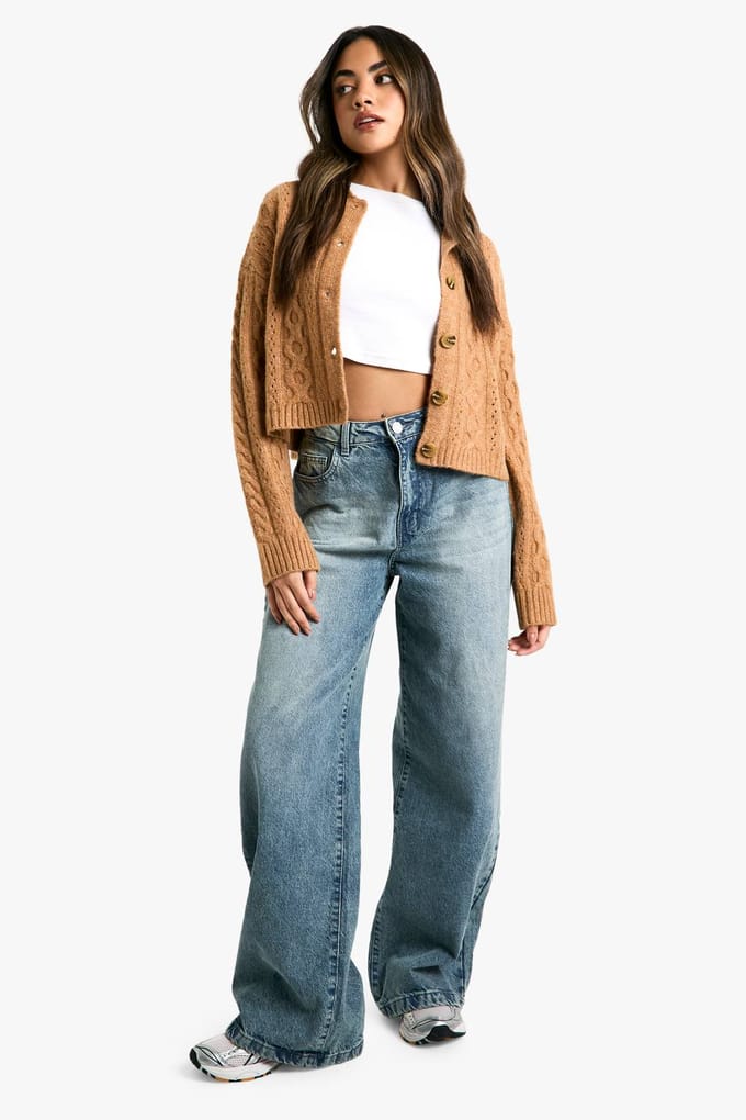 boohoo Dames Cable Knit Collaredetail Cardigan | Camel | Maat: Small