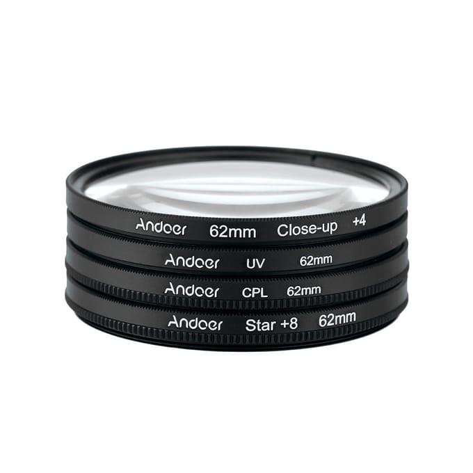 Andoer 62mm UV + CPL + gros plan + 4 + étoile Kit de filtre circulaire à 8 points filtre polarisant circulaire 62 mm black