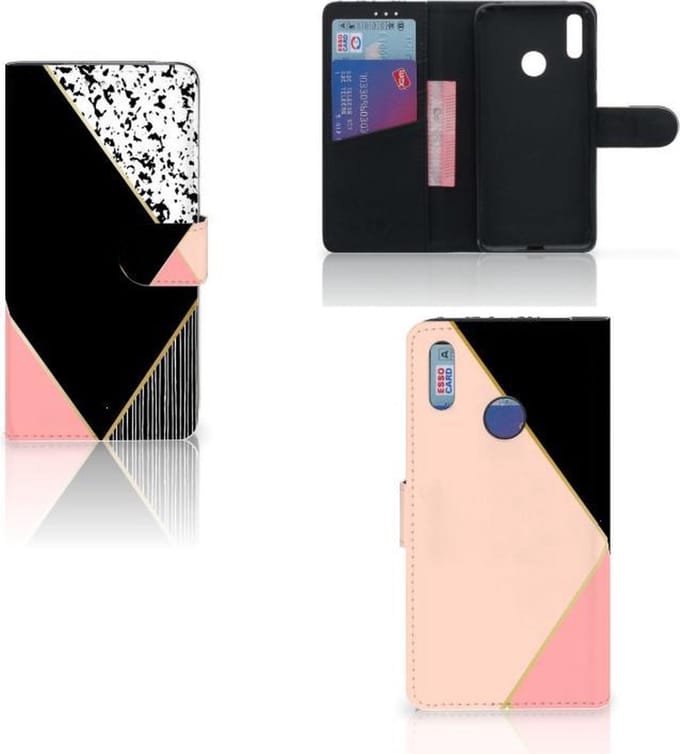 Book Case voor Huawei Y7 (2019) Book Case Zwart Roze Vormen