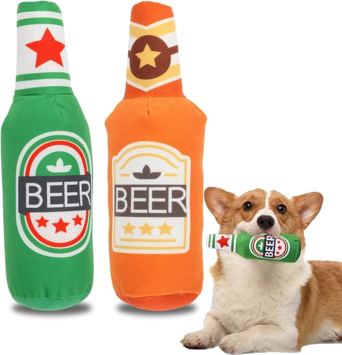 Famanu – Pluche hondenspeelgoed bierflesvorm – Piep- en kauwspeelgoed – Set van 2