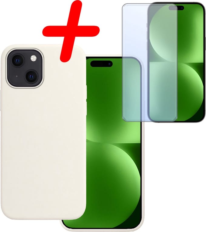 Hoesje Met Screenprotector - Geschikt voor Apple iPhone 15 Plus - Sterk & Shockproof - Back Cover - Siliconen Case - Telefoon Hoes - Wit