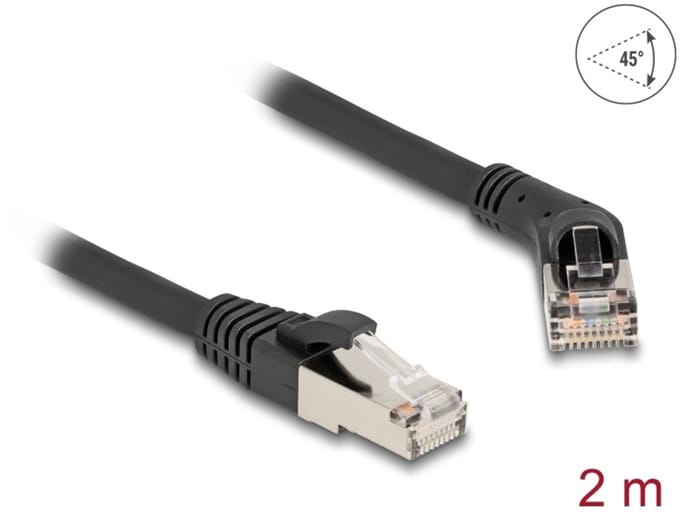 Delock RJ45 Network Cable Cat.6A S/FTP plug 45° right angled to plug straight 2 m black