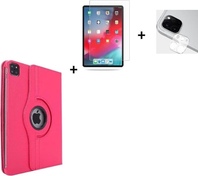 iPad Pro 11 2020 Hoesje - 11 inch - iPad pro 11 2020 Screenprotector - Camera protector - 360° Draaibare Book Case Roze + Tempered Gehard Glas + Camera lens protector