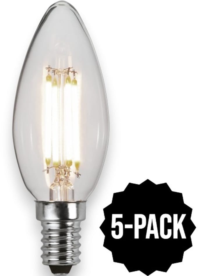 5-Pack | 3 standen - Kaarslamp - E14 - 4.2W - Warm Wit - 3000K - Filament - Helder