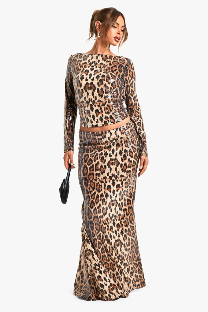 boohoo Dames Leopard Pailletten Rugloze Top | Brown | Maat: 8