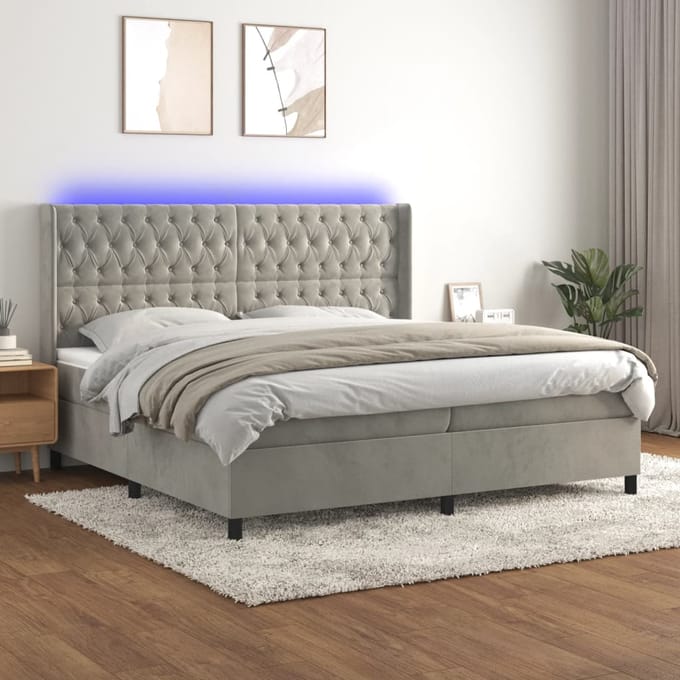 vidaXL - Boxspring - met - matras - en - LED - fluweel - lichtgrijs - 200x200 - cm