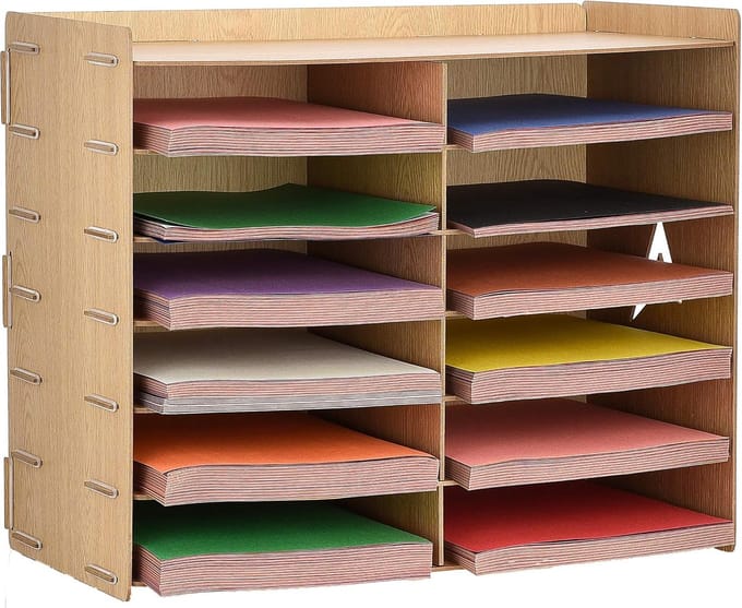 Papieropslag Organizer - Verticale Sorteerder - Bureau Organisatie - Houtnerf Afwerking - 12 Compartimenten - Bruin