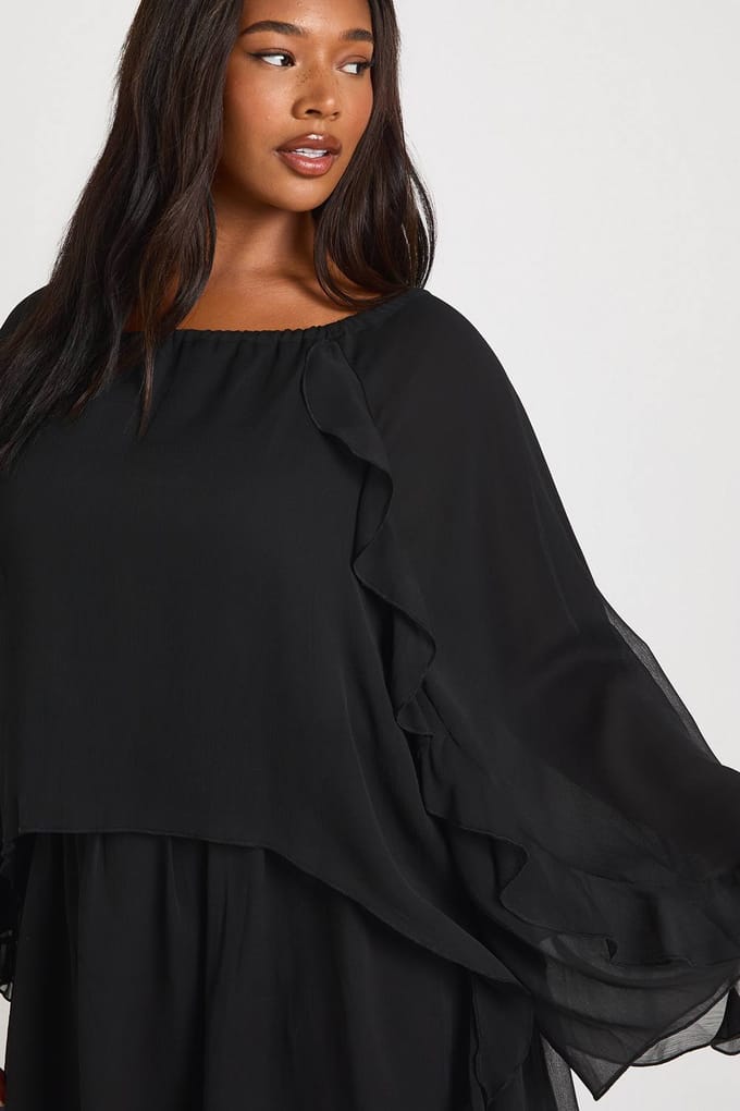 boohoo Dames Plus Chiffon Ruches Smock Jurk | Zwart | Maat: 44
