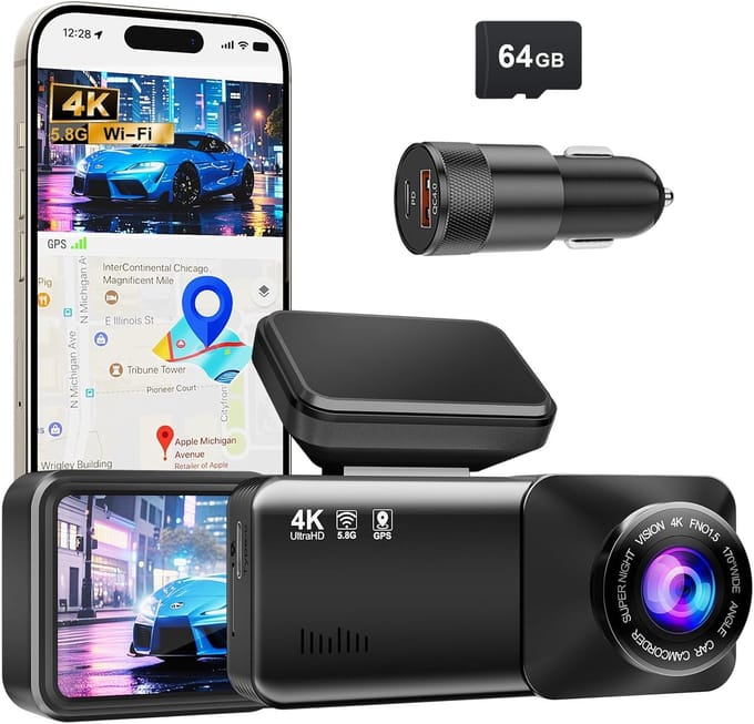 Dashcam - Dashcam voor auto - 4K Dashcam voor - Mini Dashcam - 64GB Kaart - Super Nachtzicht, Loopopname, G-sensor, 24-uurs Parkeermonitor