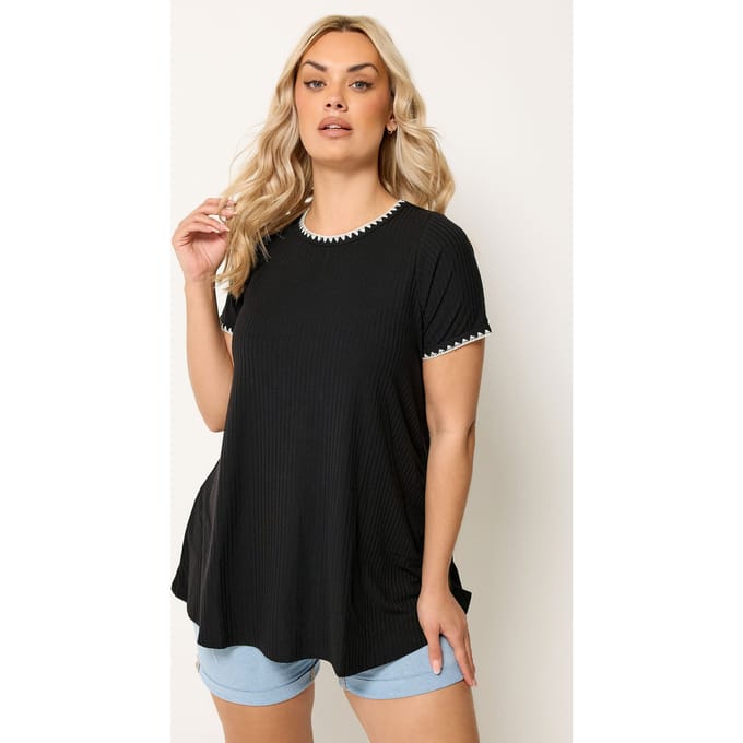 Yours Zwart Tshirt Met Contrasterende Stiksels En Wijde Pasvorm Size 46