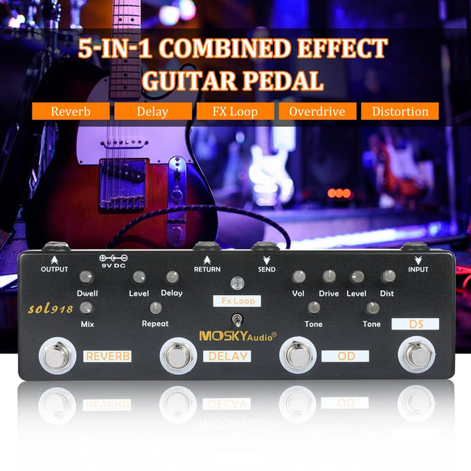 Pédale multi-effets MOSKY Audio SOL918 5 en 1 pour guitare, effet combiné True Bypass. noir