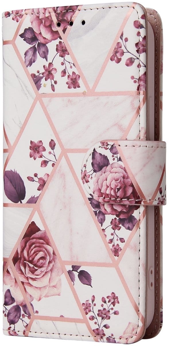 YPCd Bookcase geschikt voor Apple iPhone 14 Plus - Marmer Design - Portemonnee / Wallet Hoesje - Roze / Wit