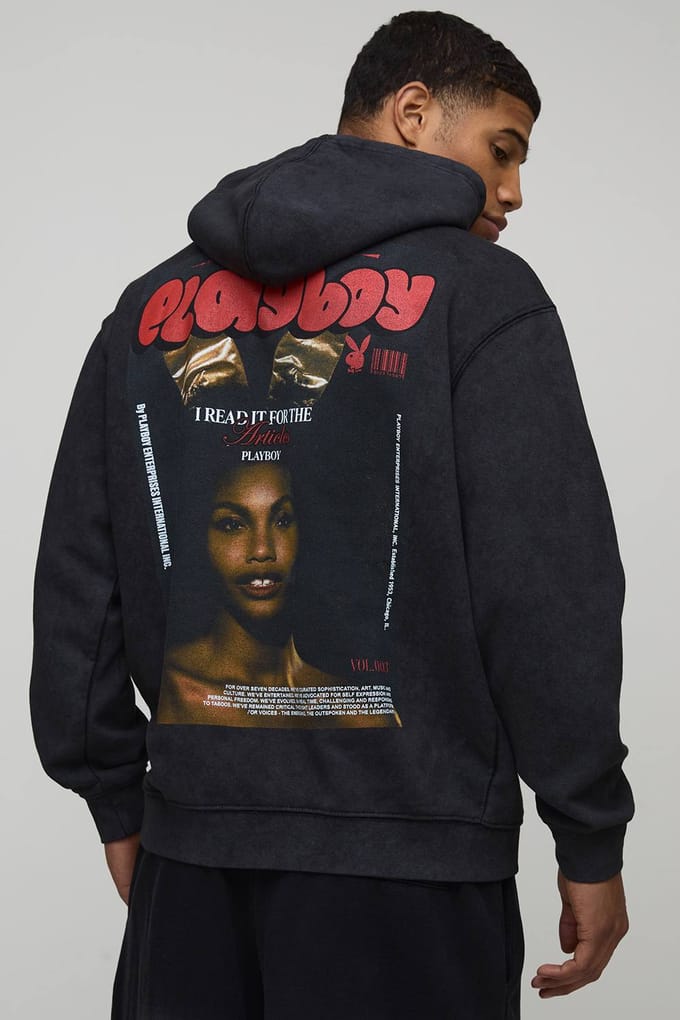 Zwarte oversized Playboy gewassen hoodie met gelicentieerde print | Washed Black | Size Medium