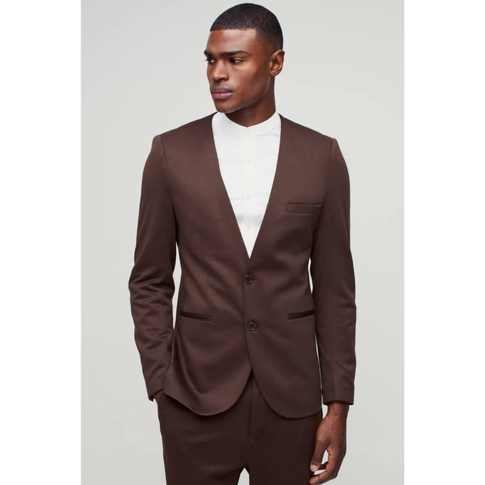 Slanke Kraagloze Jersey Blazer | Brown | Size 36