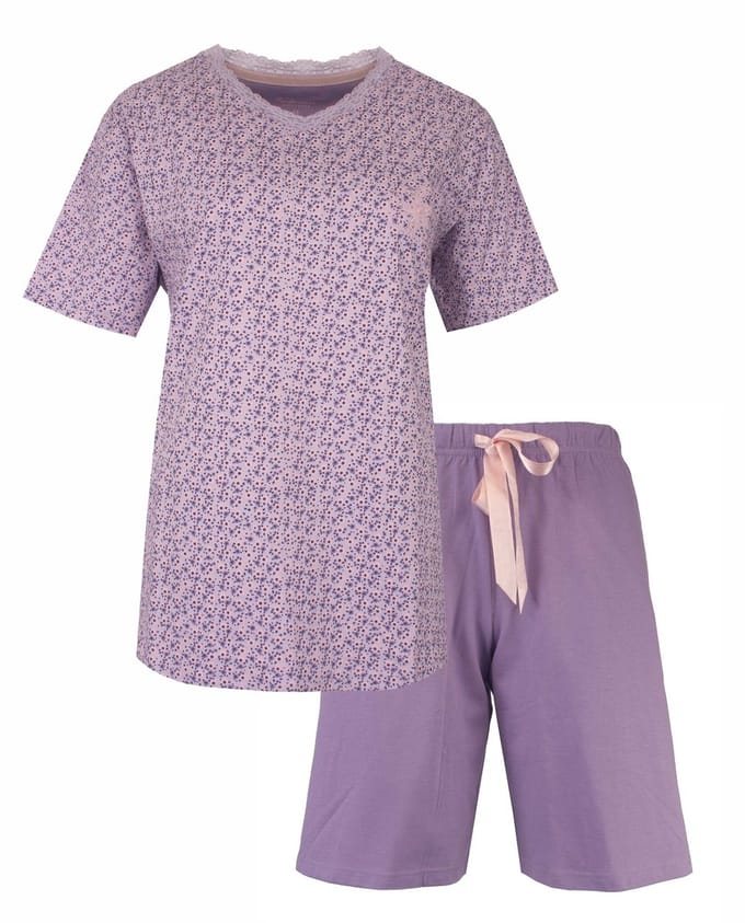 Tenderness Dames Shortama - Pyjama Set - Bloemetjesprint - Lila - Maat S