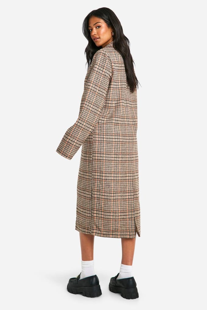 boohoo Dames Lange geruite jas met wollen-look | Stone | Maat: 6