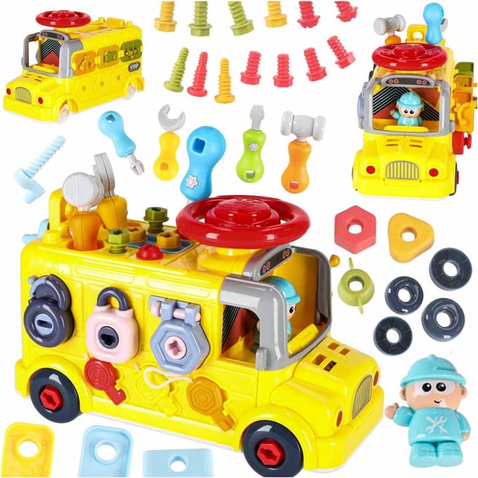 Playos® - Interactieve Schoolbus - Geel - Schroevendraai Speelgoed - Kleuren Herkennen - Babyspeelgoed - Educatief Speelgoed