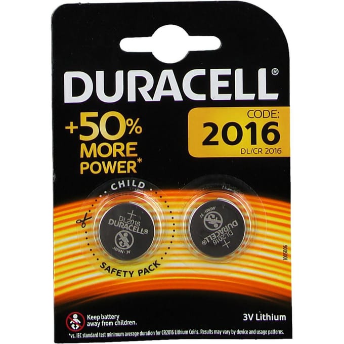 Knoopcellen Duracell CR2016, Lithium, 3 V, 75 mAh, Ø 20 x H 1,6 mm, 2 stuks