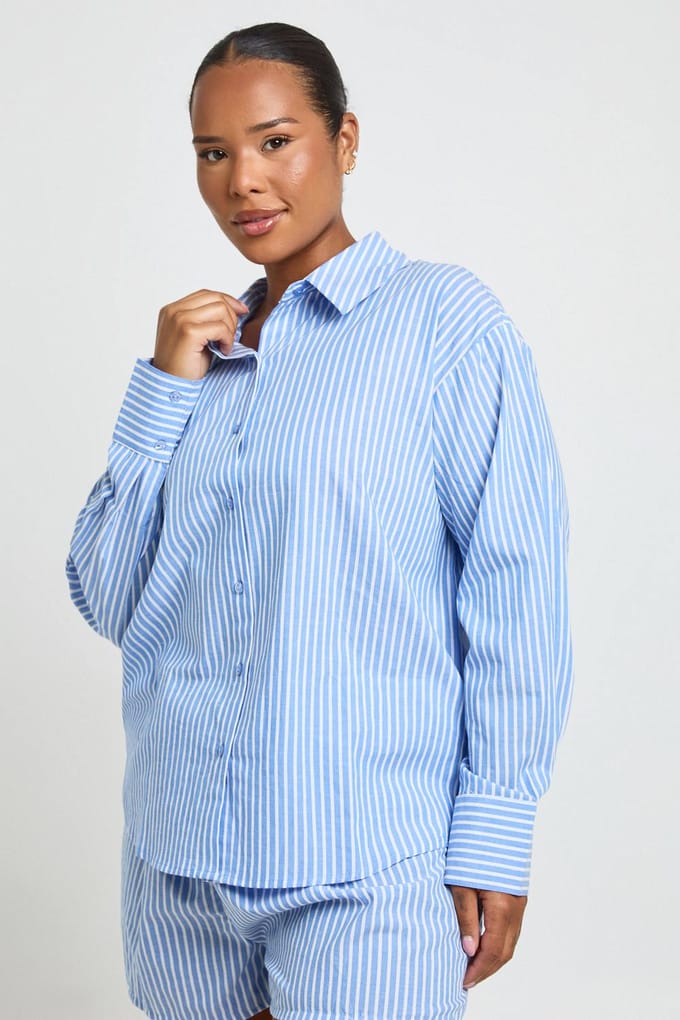 boohoo Dames Plus Katoenen Gestreept Oversized Pyjamashirt | Blue | Maat: 22