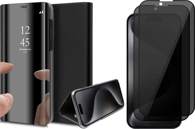 Hoesje geschikt voor iPhone 15 Pro Max - 2x Privacy Screen Protector FullGuard - Book Case Spiegel Zwart & Screenprotector