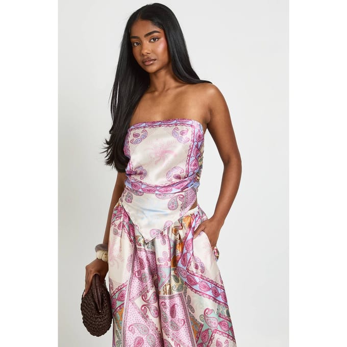 boohoo Dames Paisley Satijnen Bandeau Sjaal Top | Roze | Maat: 40