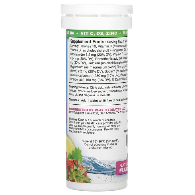 Play Hydrated, Elektrolyten, Aardbei-limonadesmaak, 10 Tabletten