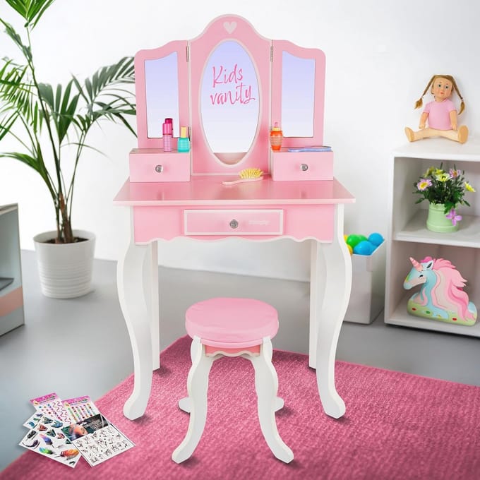 Grote make-uptafel voor kinderen met spiegel en accessoires
