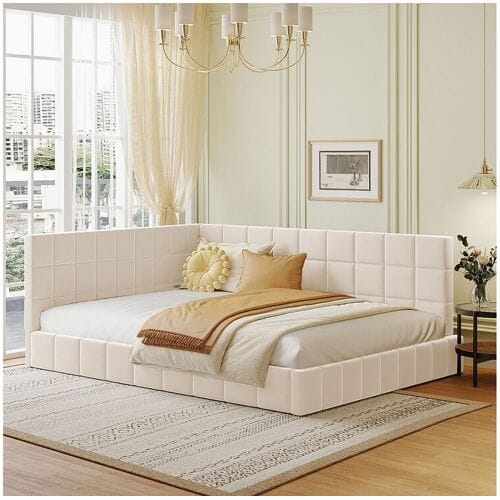 ModernLuxe Volwassen bed 140x200cm in fluweel met omheining en lattenbodem - Beige