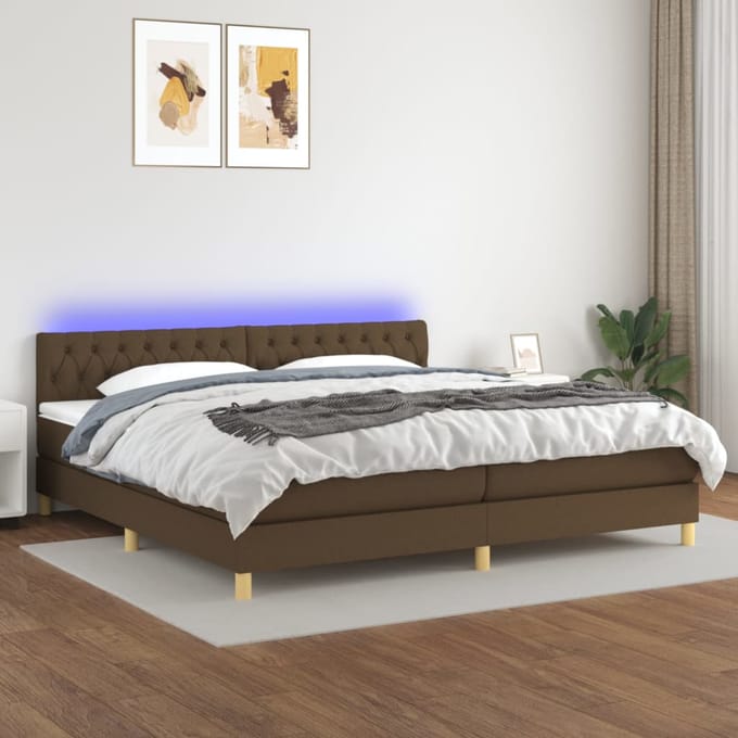 vidaXL - Boxspring - met - matras - en - LED - stof - donkerbruin - 200x200 - cm