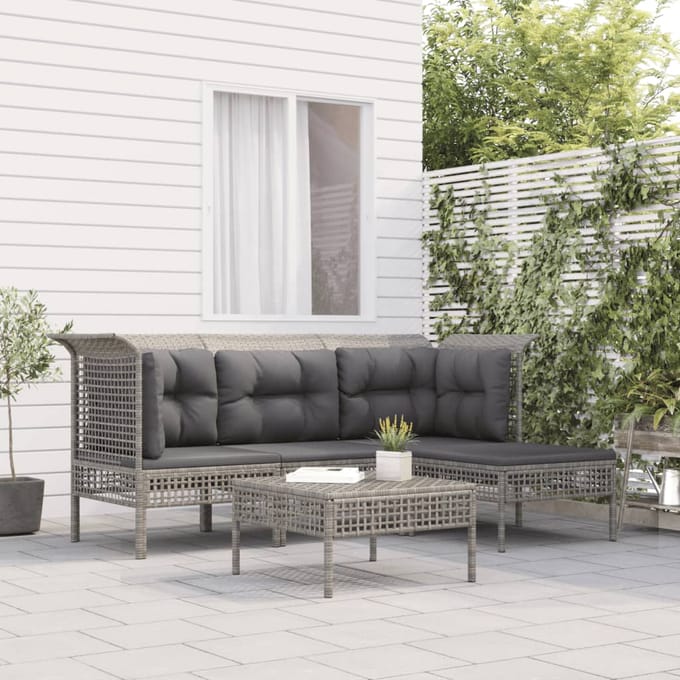vidaXL - 5-delige - Loungeset - met - kussens - poly - rattan - grijs