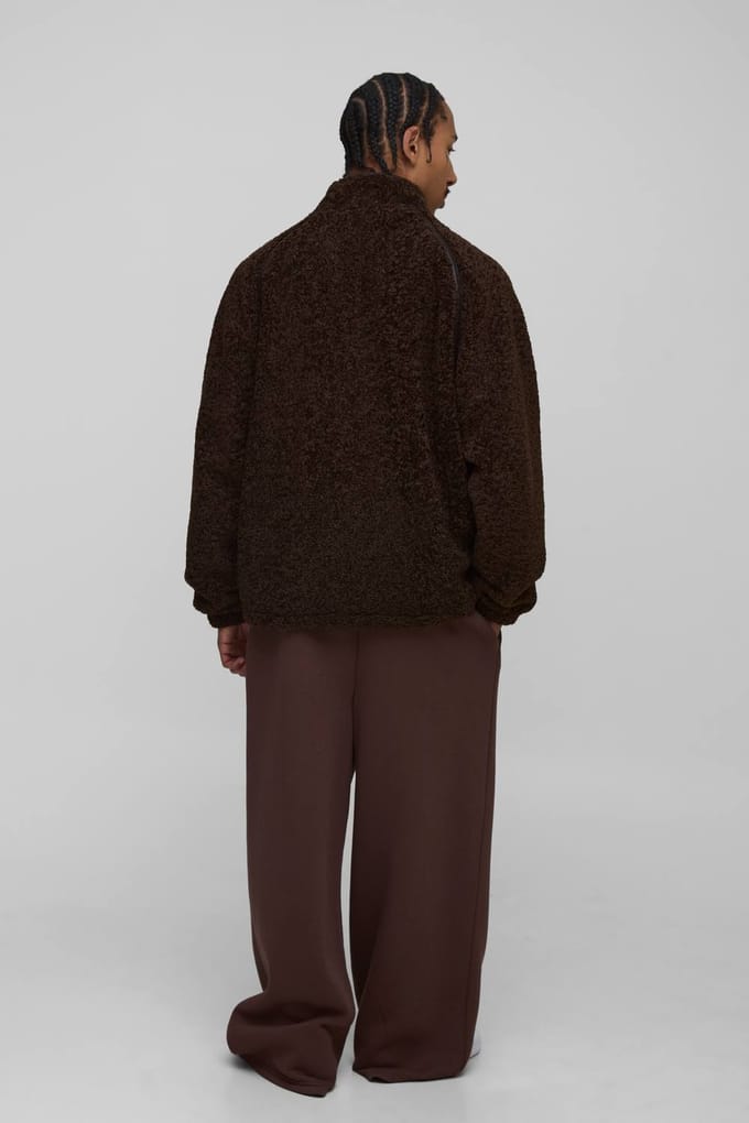 Regular Fit PU Seam Curly Borg Zip Through Jacket | Chocolate | Size Medium