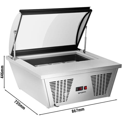 GGM Gastro Tisch-Eisvitrine - 870mm - Statisch - für 4x 5 Liter Eisbehälter - gewölbter Deckel - Deckelöffnung zur Bedienseite