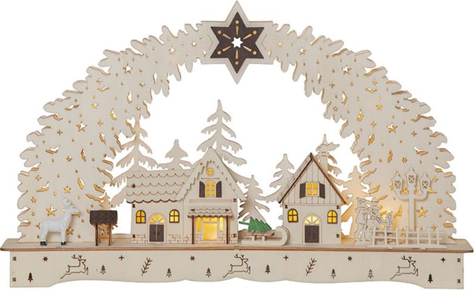 Star Trading LED kaarsenboog 'Bamberg' van hout met kerstdorp, batterijen + timer, naturel, warm wit, B 45 cm