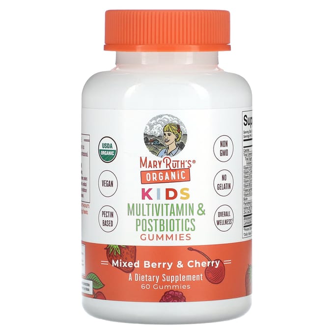 MaryRuth's, Gummies multivitaminés et postbiotiques bio pour enfants, saveur baies et cerises mélangées, 60 gummies