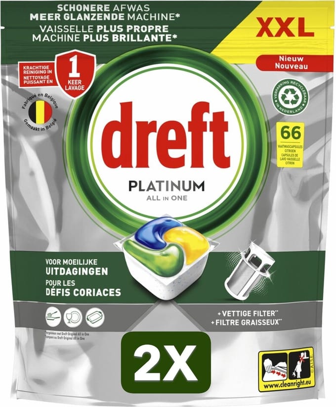 2 x Dreft Vaatwastabletten Platinum All In One Citroen - 66 stuks