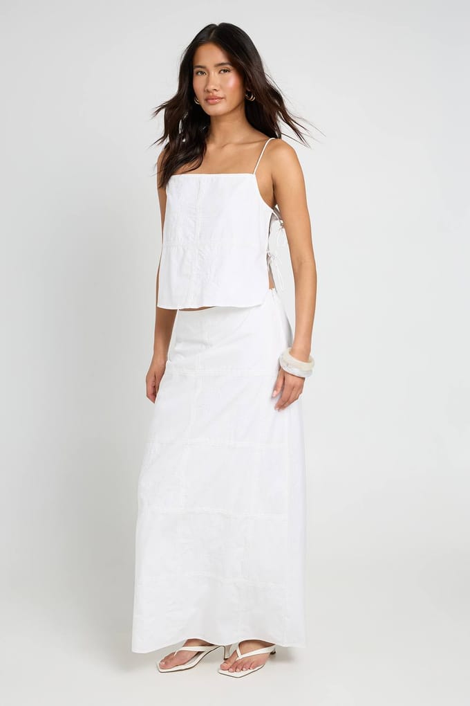 boohoo Dames Patchwork Borduurwerk Kolom Maxi Rok | White | Maat: 8