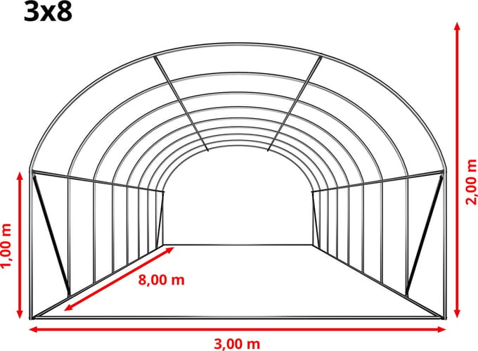 Tunnelkas 3x8m PE-zeil 180g/m² wit transparant