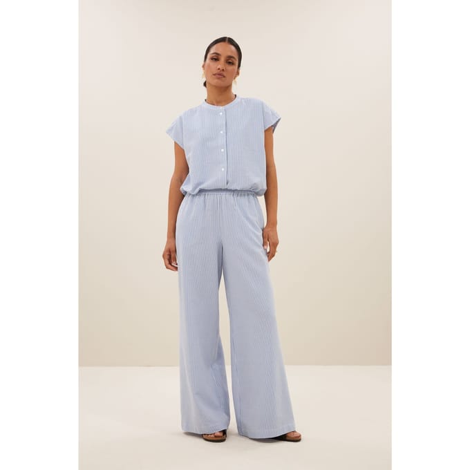 By-Bar Randy Stripe Pants Blue Seer Stripe Maat: L | Wijde Broeken Outlet | Dames | Blauw