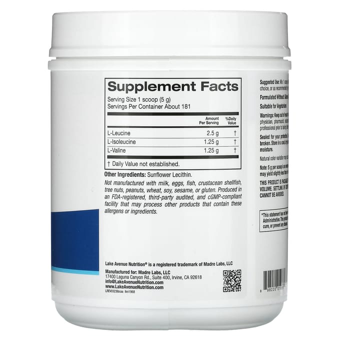 Lake Avenue Nutrition, Poudre BCAA Instantanée, Non Aromatisée, 32 oz (907 g)