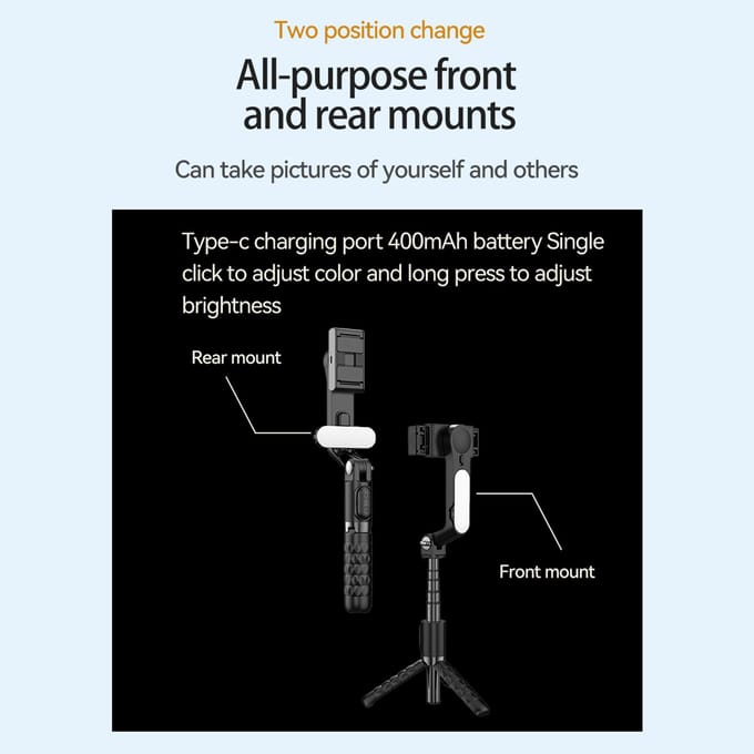 Stabilisateur Gimbal Portable pour Smartphone Perche à Selfie Extensible Trépied avec LED Détachable noir