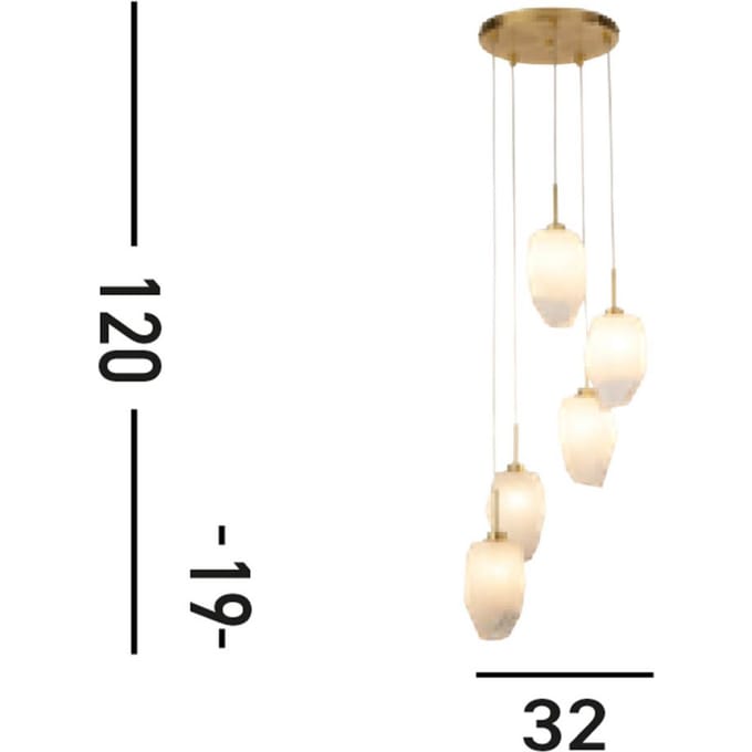Searchlight Rocky hanglamp, 5-lamps, rond, messingkleurig, staal, glas