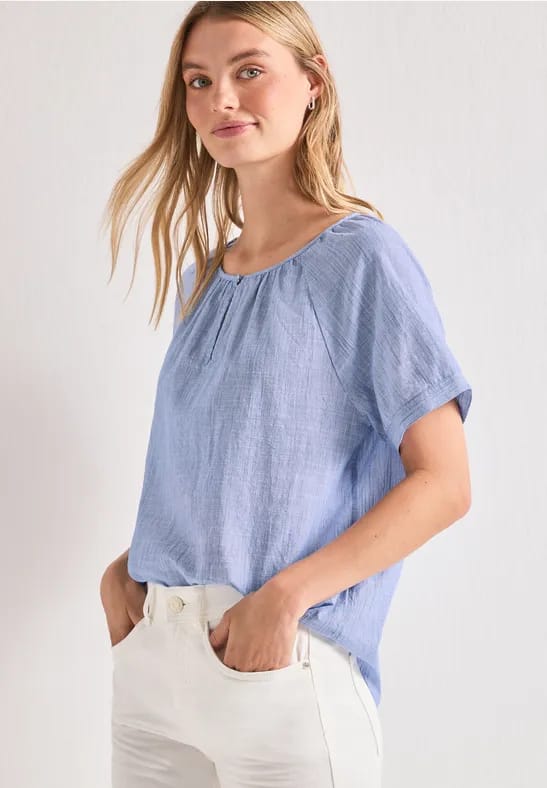 Chambray blouse met ronde hals en uitsnede