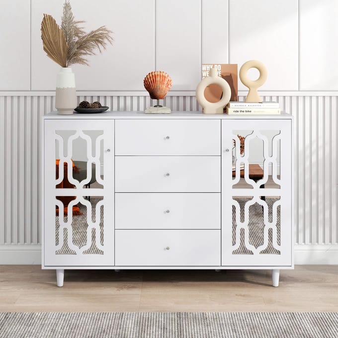 Dressoir - 147,5x40x102 cm - Spiegel Dressoir Met Kristalgrepen - Met Glazen Deuren - MDF - Wit