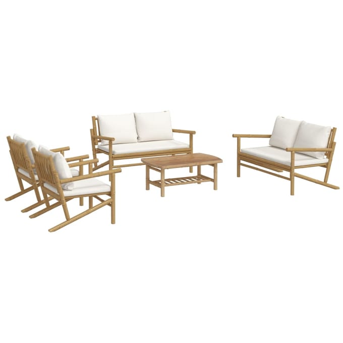 vidaXL - 5-delige - Loungeset - met - kussens - bamboe - crèmewit