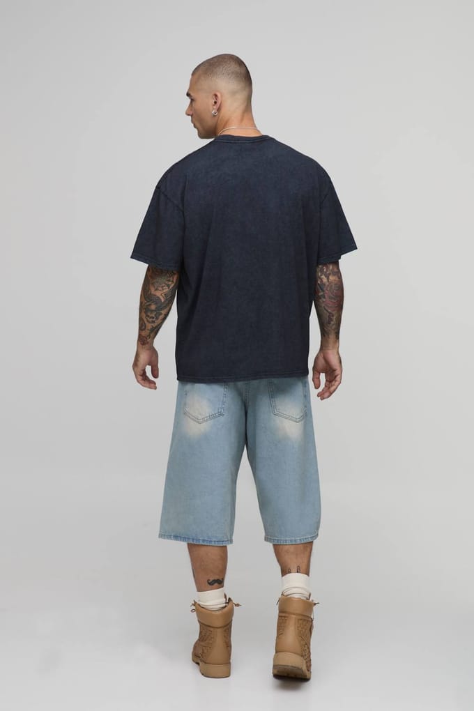 Acid Black Oversized T-shirt Met Slang Vlammen Print | Acid Wash Black | Size Medium