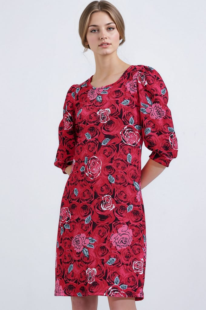 Geborduurde Bloemen Midi-jurk met Driekwart Mouwen